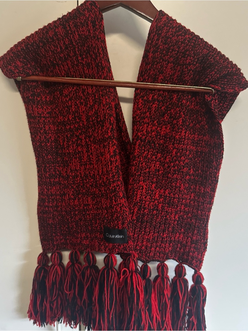 Calvin Klein Red & Black Knit Fringe Women's Sweater Scarf